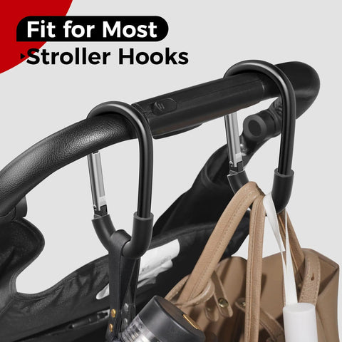 Heavy Duty Stroller Hooks For Bags And Gear, Universal Clips And Hooks For Easy Baby Travel attached to stroller handle