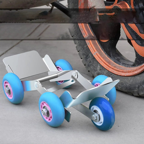Heavy Duty Flat Tire Trolly Cart With 5 Smooth Rolling Wheels for Cars Vans or Electric Trikes on pavement next to a tire.