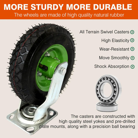Heavy Duty 8 Inch Pneumatic Caster Wheels Set Of 4 With Rock Solid Swivel And Rigid Air Rubber Tires, high quality rubber wheel close-up.