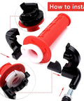 Seven Eighths Inch 22mm Twist Throttle Cable Kit With Rubber Grip Handles installation guide, showing red grip and aluminum clamp