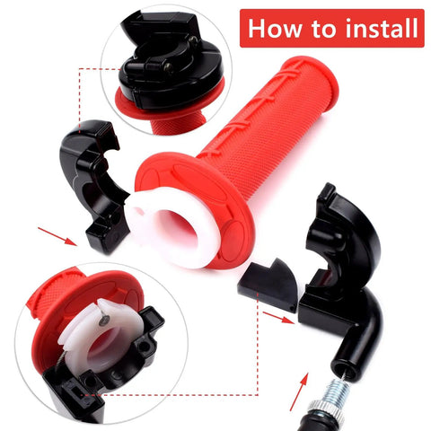 Seven Eighths Inch 22mm Twist Throttle Cable Kit With Rubber Grip Handles installation guide, showing red grip and aluminum clamp