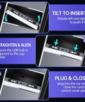 Installation guide for Tesla USB Hub For Model Y Juniper 2025 2026 And Model 3 Highland 2024 2025 with sliding cover shown in console.