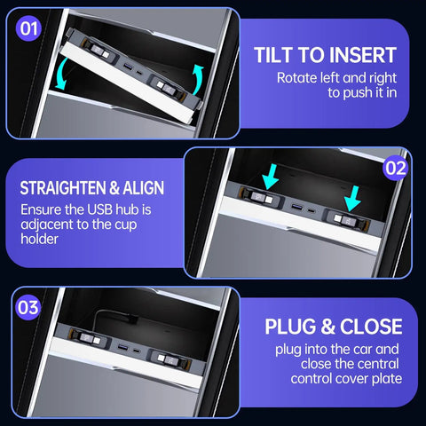 Installation guide for Tesla USB Hub For Model Y Juniper 2025 2026 And Model 3 Highland 2024 2025 with sliding cover shown in console.