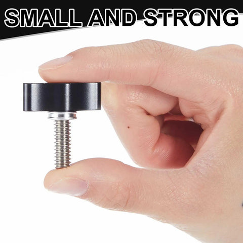 Top Shelf Stainless Steel Thumb Screws With Wings Knobs For Shop Projects 16 Pack shown being held, showcasing the compact design.