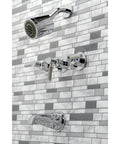 Chrome tub and shower set on tiled wall, featuring showerhead, handles, and spout. Kaiser Triple-Handle Tub And Shower Faucet not visible.