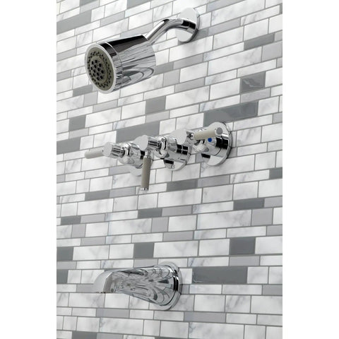 Chrome tub and shower set on tiled wall, featuring showerhead, handles, and spout. Kaiser Triple-Handle Tub And Shower Faucet not visible.