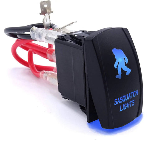 3 Pack Rocker Switch Kit With Laser Sasquatch Lighted Toggle, Blue LED Accent, rear view showing red and black wires