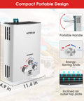 Outdoor Propane Tankless Water Heater 1.6 GPM Portable Gas Water Heater with control knobs and handle, white finish