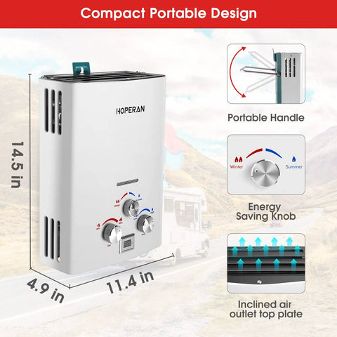 Outdoor Propane Tankless Water Heater 1.6 GPM Portable Gas Water Heater with control knobs and handle, white finish