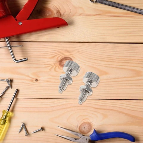 Rock Solid Stainless Steel Spring Plunger Pair With Knurled Grip And No Fuss Installation on wooden surface with tools.