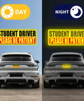 Day and night view of Three Pack Student Driver Magnet For Cars Please Be Patient Reflective Safety Signs on car bumper