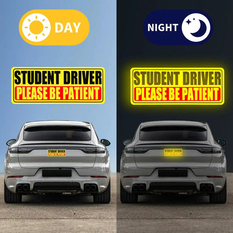 Day and night view of Three Pack Student Driver Magnet For Cars Please Be Patient Reflective Safety Signs on car bumper