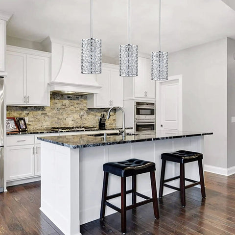 Crystal Flush Mount Ceiling Light, 1 Light, Bulb Included, Silver Chrome Finish above modern kitchen island.