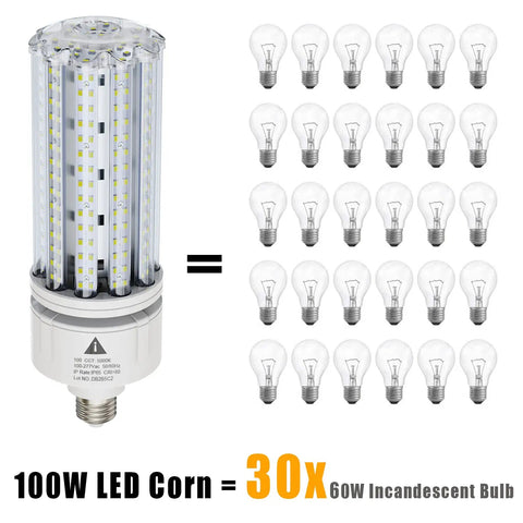 2 Pack 100W LED Corn Light Bulbs Super Bright 15000 Lumens Daylight 5000K E26 And E39 Base compared to 30 60W bulbs