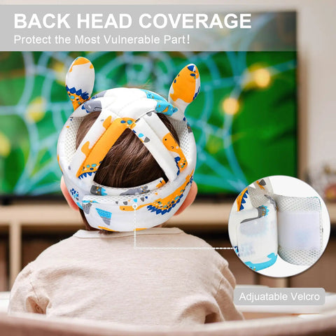 Child wearing dinosaur-patterned breathable baby helmet for crawling and walking, lightweight head protector for safe play.