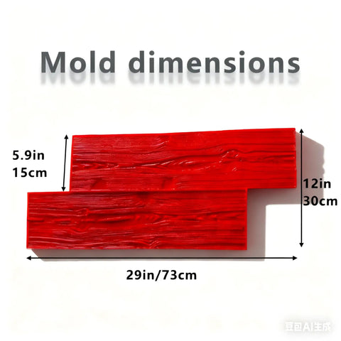 Wood Grain Concrete Stamp Set With Multiple Patterns For Realistic Stone Wall Texture And Quick Texture Skin 29 By 12 By 0.7 Inch Stamped Concrete Molds Decorative Concrete Stamp Mats Edge Molds Release Agent Recommended shown from top view with red mold detailing and dimensions.