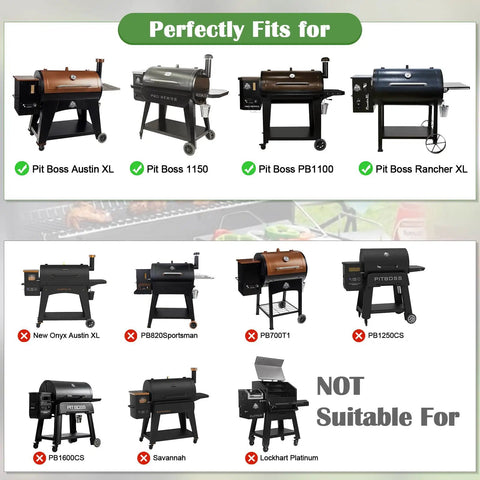 Image showing grills suitable and not suitable with Heat Deflector Upgrade Kit for Pit Boss Grills Including Austin XL Pro Series 1150 Rancher XL PB1100 Air Gap Mod Temp Probe Shield Stainless Steel Diffuser Plate for Pit Boss Accessories Easy Install.