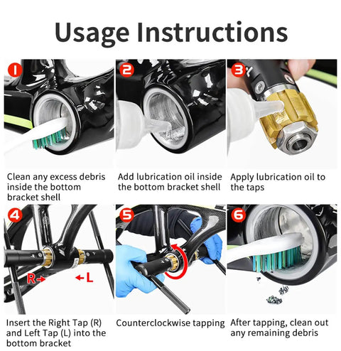 Usage instructions for Bottom Bracket Tapping Tool Set For Bike Frames showing cleaning and tapping procedure with aluminum taps.