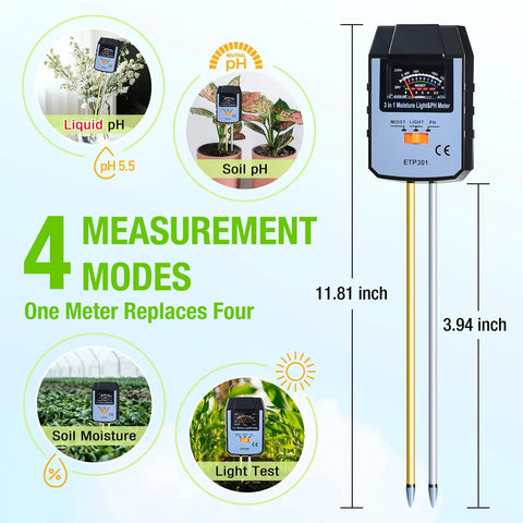 4 In 1 Soil Moisture PH And Light Meter For Plants No Battery Required Ideal For Indoor Garden Farm And Lawn Plus Liquid PH Testing