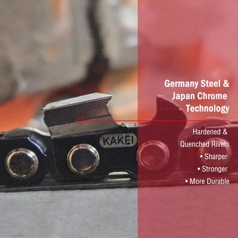 Close-up of gas chainsaw metal chain, highlighting Germany steel and Japan chrome technology features.