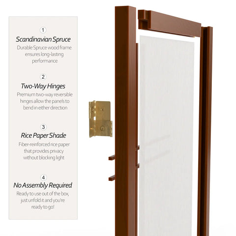 Detailed view of Walnut 2 ft Desktop Shoji Screen, 6-panel privacy divider with rice paper and Scandinavian spruce frame, focus on hinges.