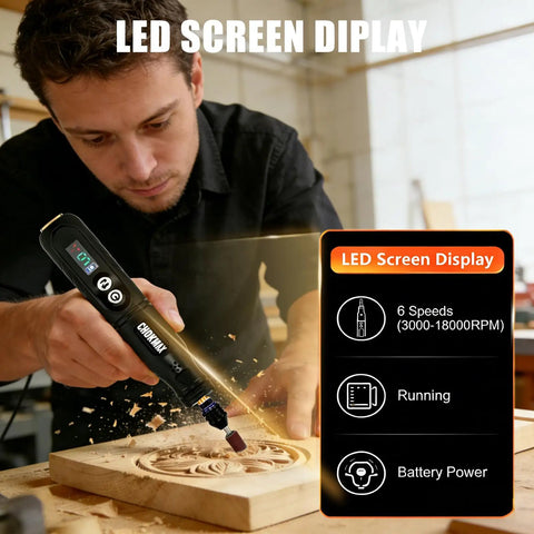 Cordless Rotary Tool Kit With Five Speed Settings 3.7V Mini Grinder Led Front Light 42 Piece Accessory Set in use for carving wood
