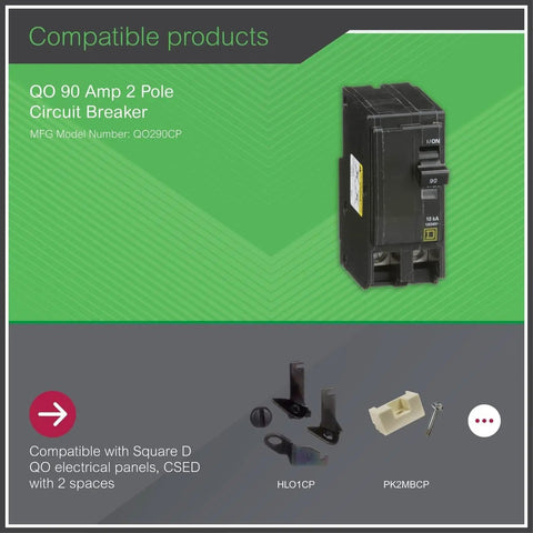 90 Amp Two Pole Circuit Breaker For QO Load Centers And Panel Boards, Plug On Design, 120 240V AC, Thermal Magnetic Overcurrent Protection