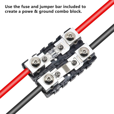 Built Tough Modular Inline Fuse Block Kit Featuring ANL To Mini ANL Holders For 1 0 2 4 Gauge Wires connecting red and black wires.