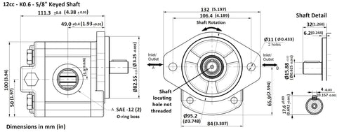 Technical drawing of Beefy Bi Directional Hydraulic Gear Motor Or Pump With High Flow 8 To 26 CC Per Rev, shaft details visible.