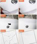 Before and after images showing repaired cracks and holes using White All In One Bath Repair Kit For Enamel Porcelain Ceramic Tub