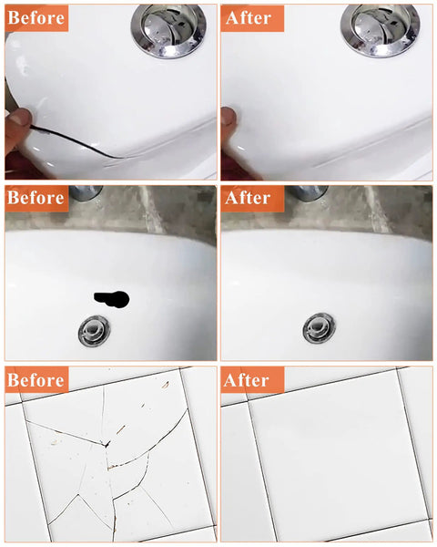 Before and after images showing repaired cracks and holes using White All In One Bath Repair Kit For Enamel Porcelain Ceramic Tub