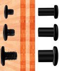 Thirty Pack Of Solid Binding Post Screws With Socket Cap Heads M4 M5 M6 By 10mm Long Featuring Black Zinc Finish On Hella Tough Stainless Steel displayed on wood.