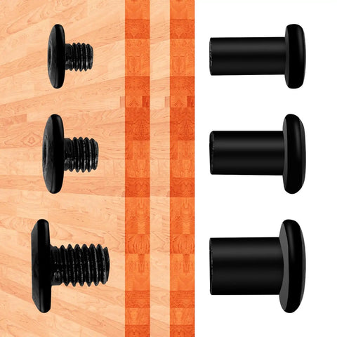 Thirty Pack Of Solid Binding Post Screws With Socket Cap Heads M4 M5 M6 By 10mm Long Featuring Black Zinc Finish On Hella Tough Stainless Steel displayed on wood.