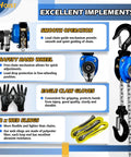 Mini Chain Hoist One Quarter Ton With Two Lift Sling Straps And Gloves Ten Foot Lift Reach Alloy Steel G80 Chain Manual Come Along Hoist With Two Heavy Duty Hooks Workhorse For Garages Warehouses Automotive Machinery showing blue hoist, chain, hooks, gloves, and two web slings