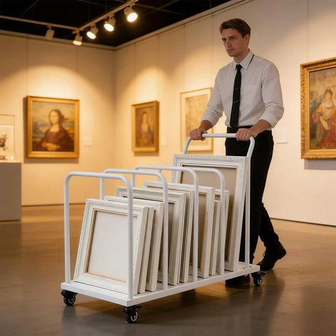 Heavy Duty Metal Carton Cart Stand With Swivel Wheels And Grip Handle Smooth Rolling White Steel Cardboard Box Holder For Warehouse, holding artwork.