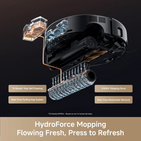 Underside view of Z60 Ultra Roller Robot Vacuum And Mop With Beast Suction Twenty Eight Thousand Pa showcasing HydroForce mopping system.