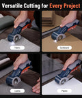 Katerk Cordless Electric Box Cutter With Safety Lock And Led Light cutting fabric, cardboard, leather, and plastic with ease.