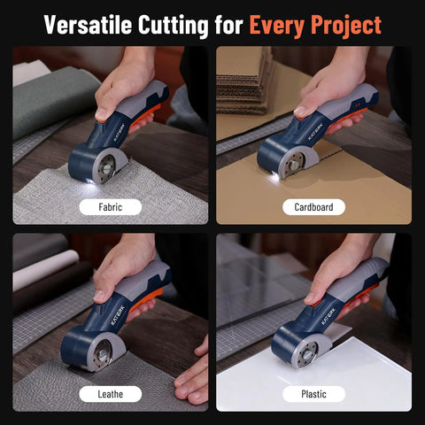 Katerk Cordless Electric Box Cutter With Safety Lock And Led Light cutting fabric, cardboard, leather, and plastic with ease.