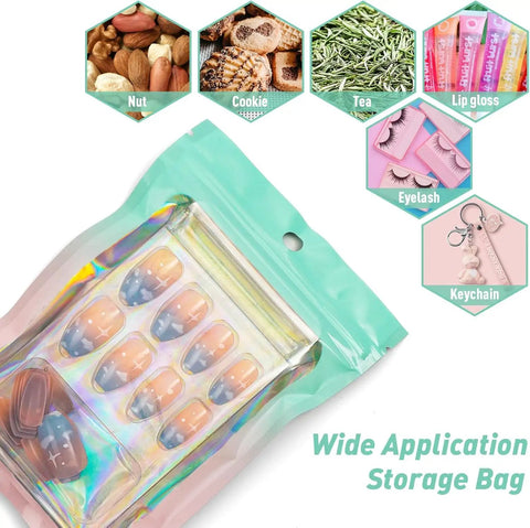 Holographic Mylar Bags With Clear Window And Odor Proof Seal Pouches for food and small items, reusable, green and pink, 4.3x7.5in.