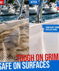 Before and after of boat deck cleaned with Marine Deck Cleaner Tablets That Make Six Gallons, Non Skid Boat Deck Wash, Easy No Mess Formula.
