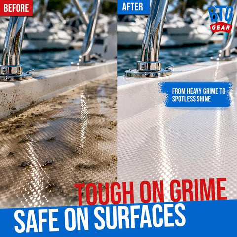 Before and after of boat deck cleaned with Marine Deck Cleaner Tablets That Make Six Gallons, Non Skid Boat Deck Wash, Easy No Mess Formula.