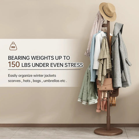 Cactus Style Solid Wood Coat Rack With Six L Shaped Hooks Freestanding Walnut Coat Tree Three Adjustable Heights For Bedroom Or Entryway