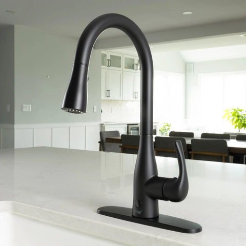 Touchless Kitchen Faucet With Pull-Down Sprayer In Matte Black, Hands-Free Motion Sensor, high arc design in modern kitchen