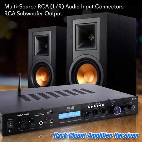 Bluetooth Home Theater Receiver With 200W 5 Channels Sub Out Karaoke Ready Dual Mic Wireless Streaming USB SD MP3 Player RCA Input FM Radio LCD Display PDA7BU front view with speakers