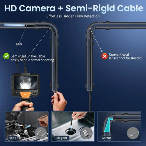 Endoscope Camera With Light For Tight Spaces, IP67 Waterproof Borescope showing semi-rigid cable and inspection tool features