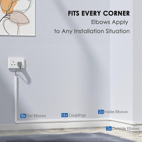 One Cord Cable Hider Kit, 315 Inch Total Wall Cord Covers showing elbow fittings for corner installation on white wall.