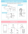 Compact portable washing machine infographic showing drainpipe height requirements and a six-item packing list.