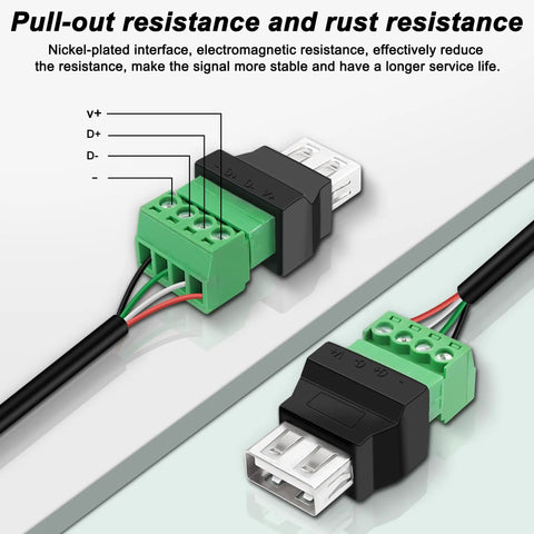 Slick USB To Four Pin Screw Terminal Block Adapter For Quick Cable Extensions And No Sweat Project Hookups A Rock Solid DIY Electronics Breakout Module showing labeled terminals and connections.