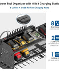 Power Tool Organizer Wall Mount With Built In Charging Station, 8 Outlet Power Strip, 3 USB PD Ports, storage rack, drill holders
