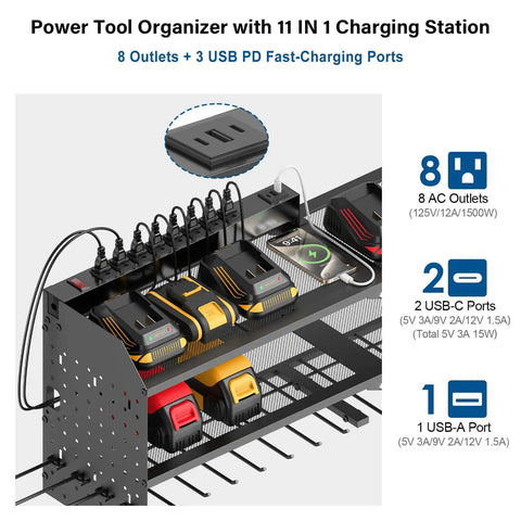Power Tool Organizer Wall Mount With Built In Charging Station, 8 Outlet Power Strip, 3 USB PD Ports, storage rack, drill holders